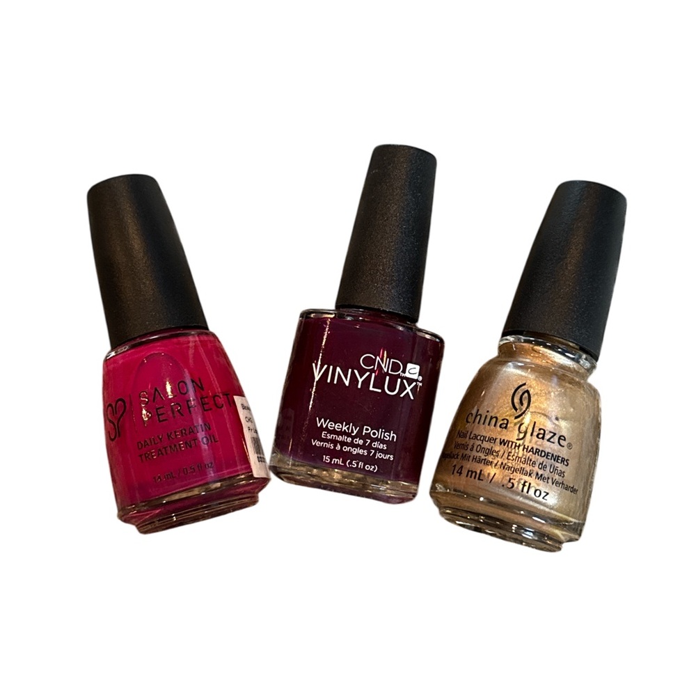 Set of Three Nail Polishes - Pink, Dark Red, Gold
